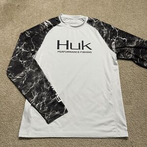 Huk Performance Fishing Camo Long Sleeve Black Grey #144273 T-Shirt Sz S EUC
